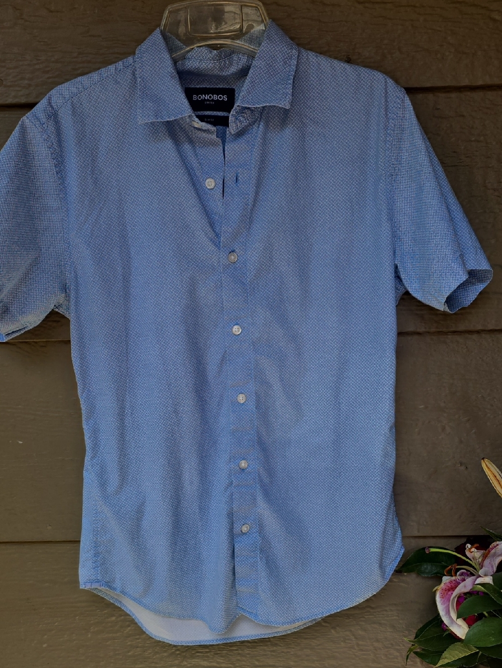 Bonobos Stretch Slim Fit Short Sleeve Blue Print Dress Shirt Small